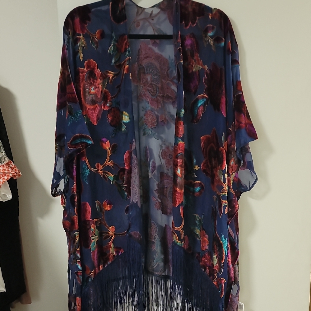 Navy Sheer Floral Kimono with Fringe